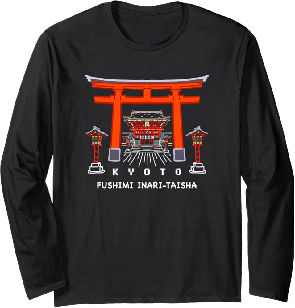 Amazon | 京都、日本、神社、伏見稲荷大社、ドローイング 長袖Tシャツ